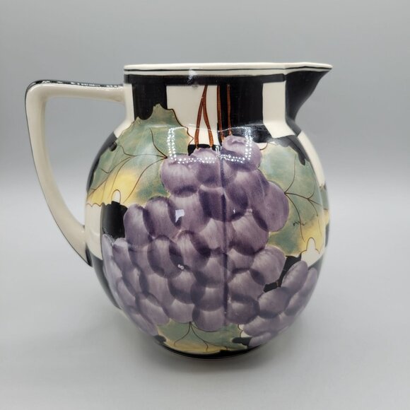 Laura Ashley Grapefields Ceramic Pitcher Hand Painted Checkered - Picture 3 of 9